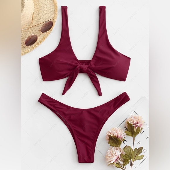Scrunch knotted thong bikini set, burgundy, M/6 - Picture 1 of 6